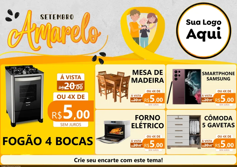 Modelo de Encarte para Encarte A4 Horizontal com o tema Setembro Amarelo para Móveis e Eletro
