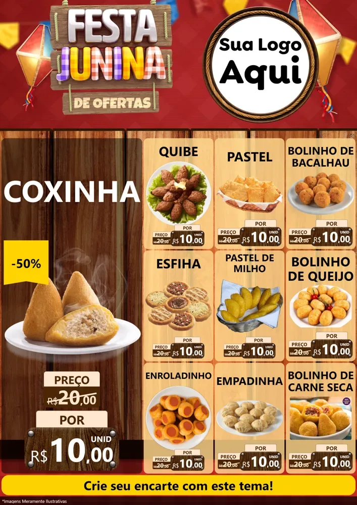 Modelo de Encarte para Encarte A4 Vertical com o tema Festa Junina de Ofertas para Salgadaria