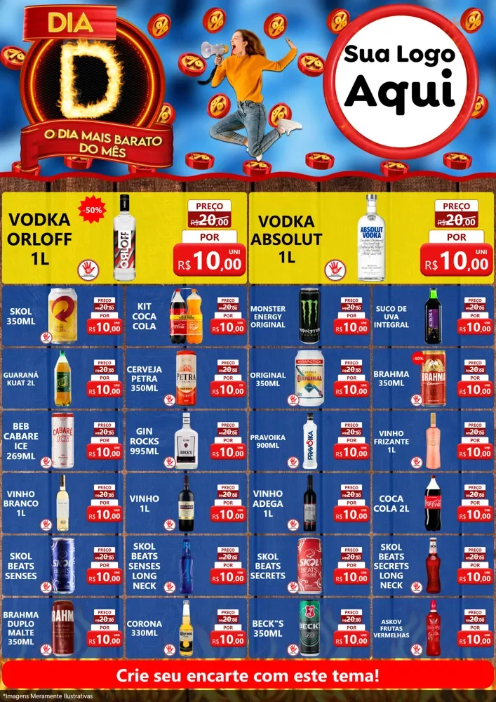 Modelo de Encarte para Encarte A4 Vertical com o tema Dia D - O Dia Mais Barato Do Mês para Distribuidora de bebidas