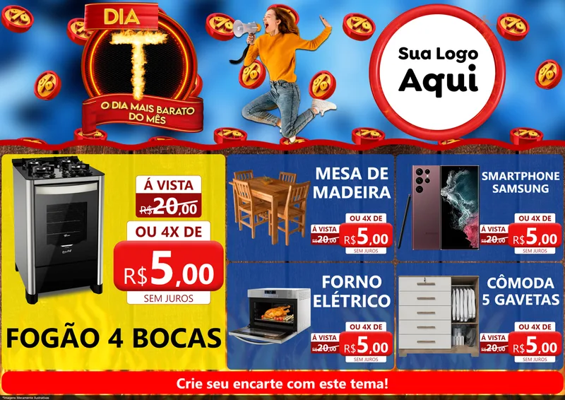 Modelo de Encarte para Encarte A4 Horizontal com o tema Dia T - O Dia Mais Barato Do Mês para Móveis e Eletro