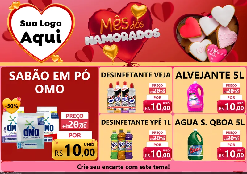 Modelo de Encarte para Encarte A4 Horizontal com o tema Mês dos Namorados para Produtos de Limpeza