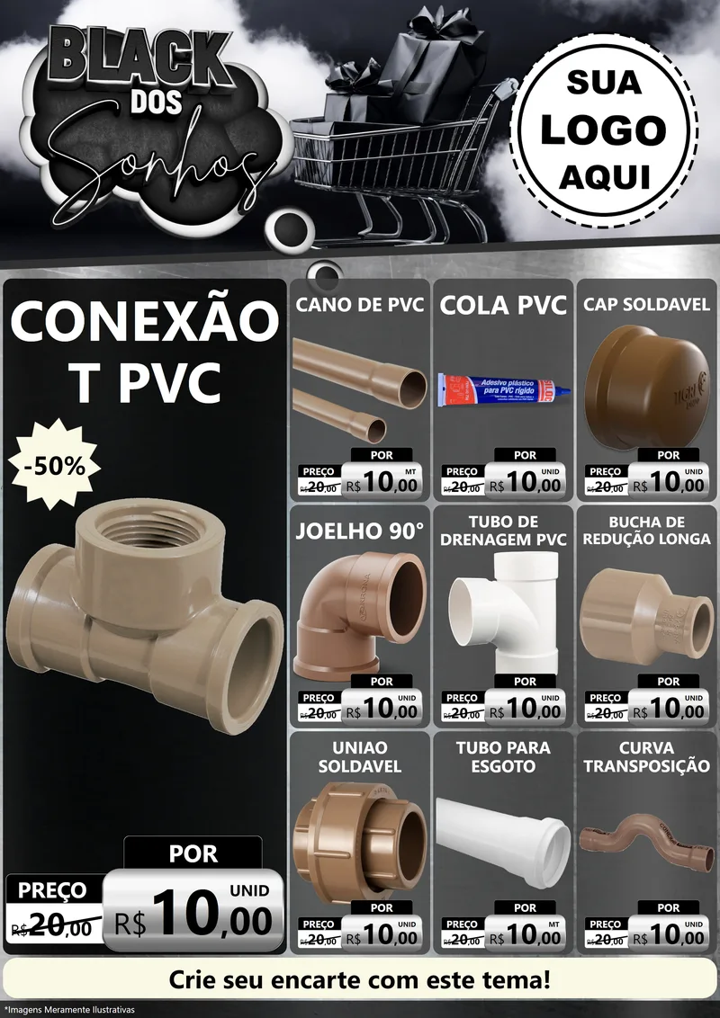 Modelo de Encarte para Encarte A4 Vertical com o tema Black dos Sonhos para Tubos e conexões