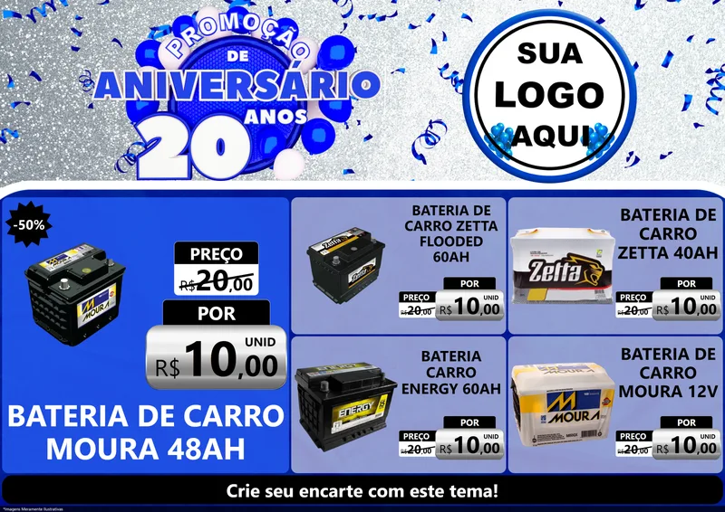 Modelo de Encarte para Encarte A4 Horizontal com o tema Promoção de Aniversário - 20 Anos para Baterias Elétricas