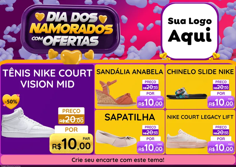 Modelo de Encarte para Encarte A4 Horizontal com o tema Dia Dos Namorados Com Ofertas para Calçados
