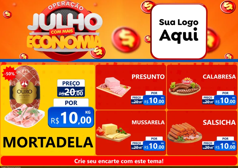 Modelo de Encarte para Encarte A4 Horizontal com o tema Operação Julho Com Mais Economia para Frios e Laticínios