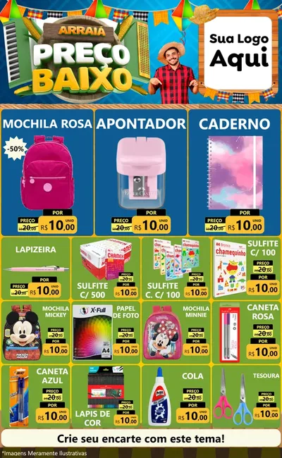 Modelo de Encarte para Encarte Grande com o tema Arraiá de Preço Baixo - Junina para Papelaria