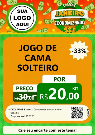 Modelo de Cartaz para Cartaz A4 Vertical com o tema Comece Janeiro Economizando para Cama, Mesa e Banho