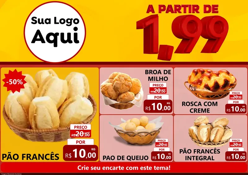 Modelo de Encarte para Encarte A4 Horizontal com o tema A Partir de Um e Noventa e Nove - 1,99 para Padaria