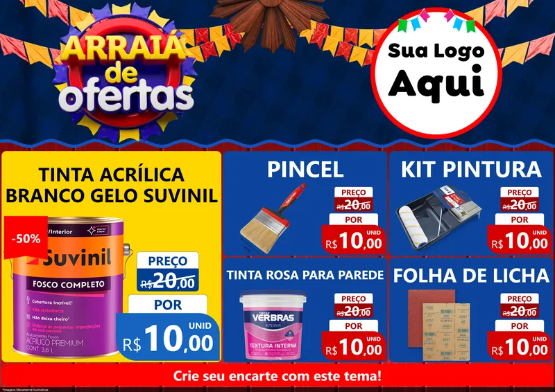 Modelo de Encarte para Encarte A4 Horizontal com o tema Arraiá de Ofertas para Tintas e Ferramentas