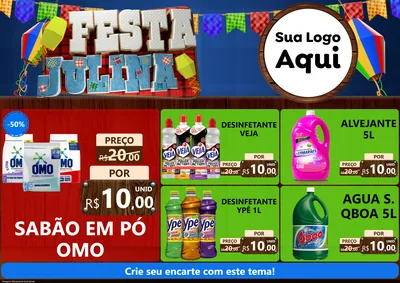 Modelo de Encarte para Encarte A4 Horizontal com o tema Festa Julina para Produtos de Limpeza
