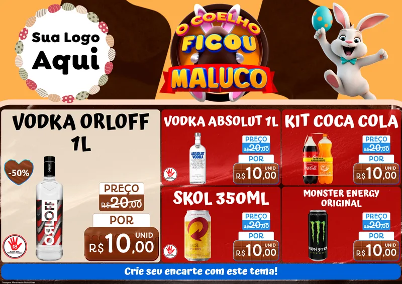 Modelo de Encarte para Encarte A4 Horizontal com o tema O Coelho Ficou Maluco - Páscoa para Distribuidora de bebidas