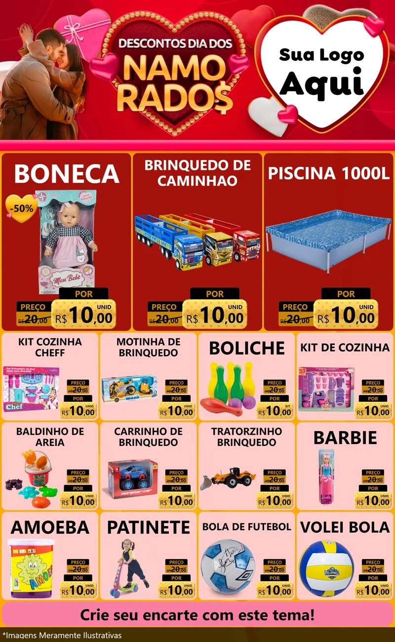 Modelo de Encarte para Encarte Grande com o tema Descontos Dia dos Namorados para Brinquedos