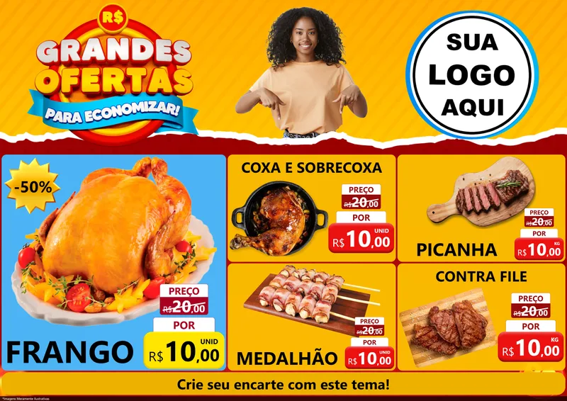 Modelo de Encarte para Encarte A4 Horizontal com o tema Grandes Ofertas Para Economizar! para Assados