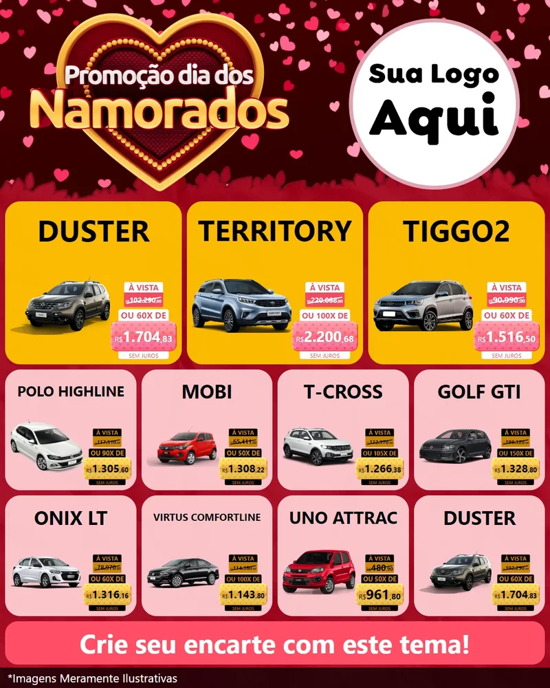 Modelo de Rede Social para Feed Instagram com o tema Promoção Dia Dos Namorados para Concessionaria de Carros