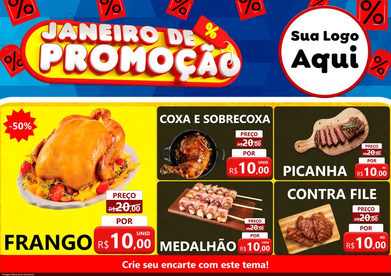 Modelo de Encarte para Encarte A4 Horizontal com o tema Janeiro de Promoção para Assados