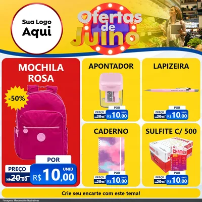 Modelo de Rede Social para Feed Facebook com o tema Ofertas de Julho para Papelaria