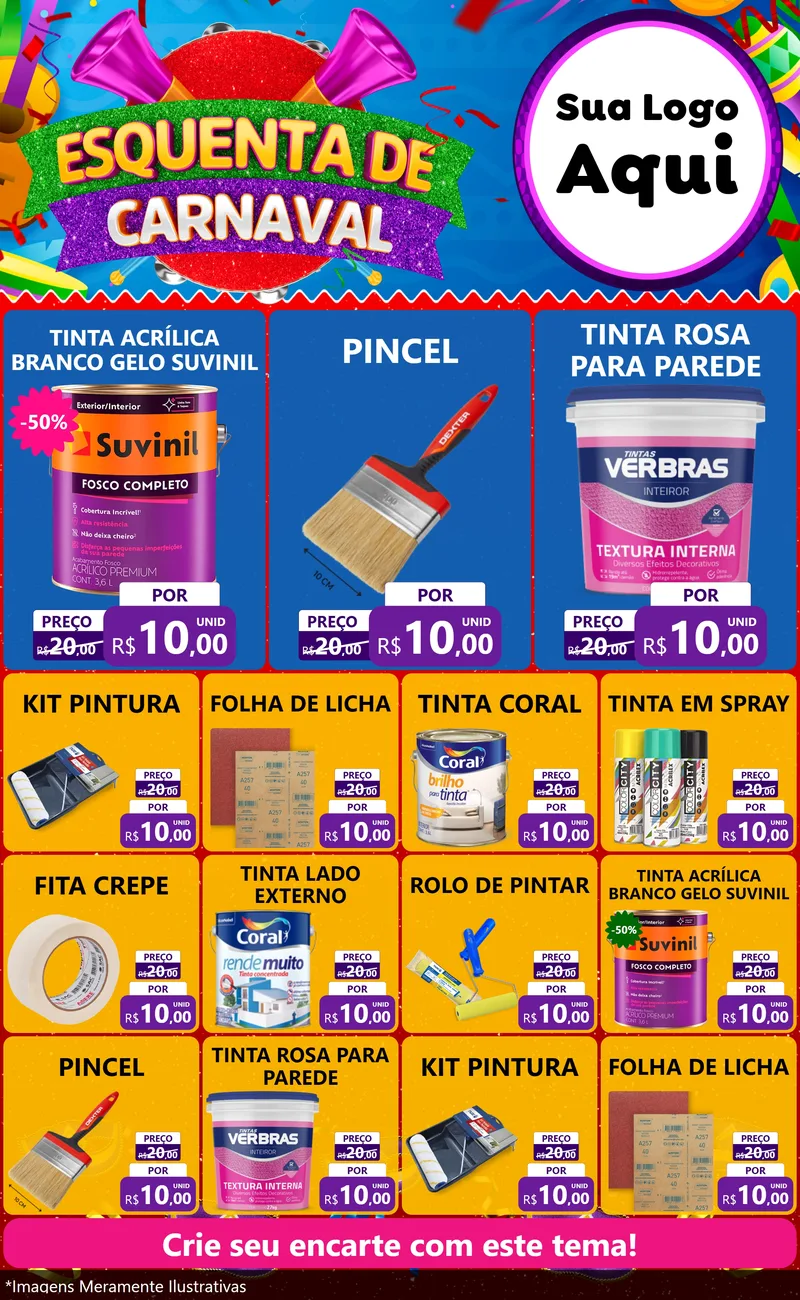 Modelo de Encarte para Encarte Grande com o tema Esquenta de Carnaval para Tintas e Ferramentas