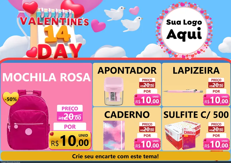 Modelo de Encarte para Encarte A4 Horizontal com o tema Valentine's Day para Papelaria