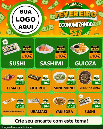 Modelo de Rede Social para Feed Instagram com o tema Comece Fevereiro Economizando para Comida japonesa