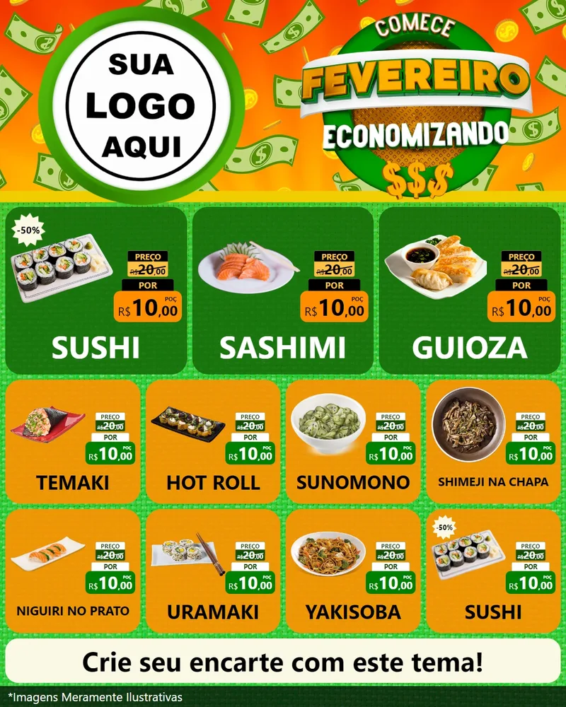 Modelo de Rede Social para Feed Instagram com o tema Comece Fevereiro Economizando para Comida japonesa