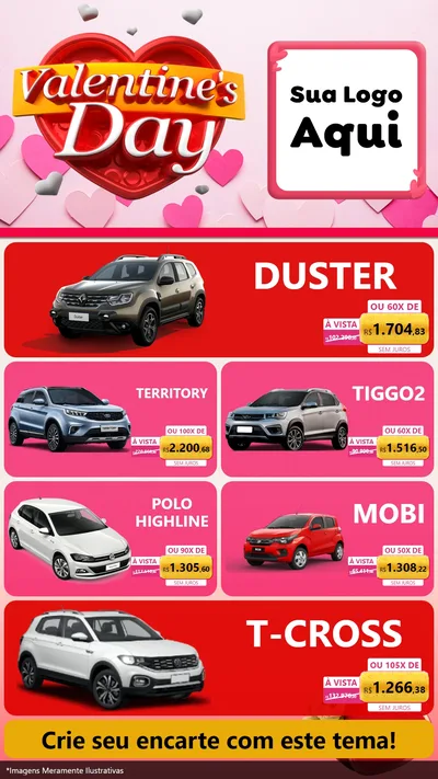 Modelo de TV para TV Vertical com o tema Valentine's Day para Concessionaria de Carros