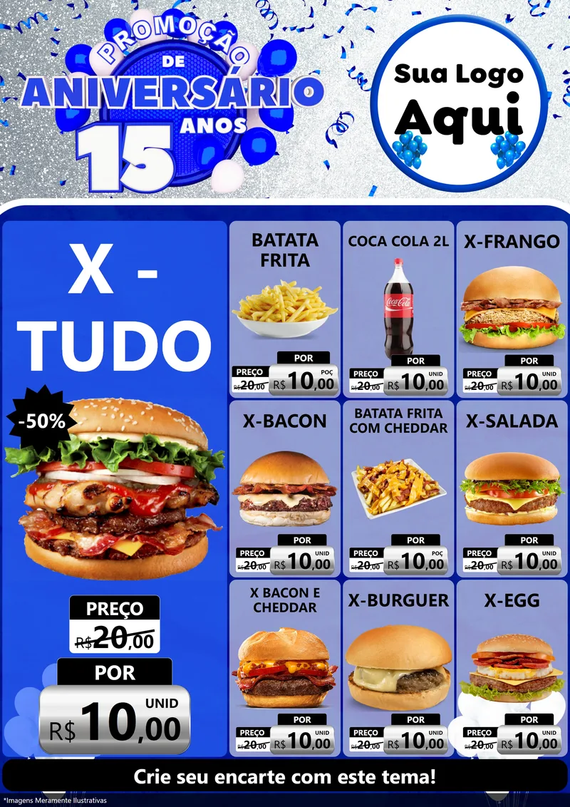 Modelo de Encarte para Encarte A4 Vertical com o tema Promoção de Aniversário - 15 Anos para Hamburgueria