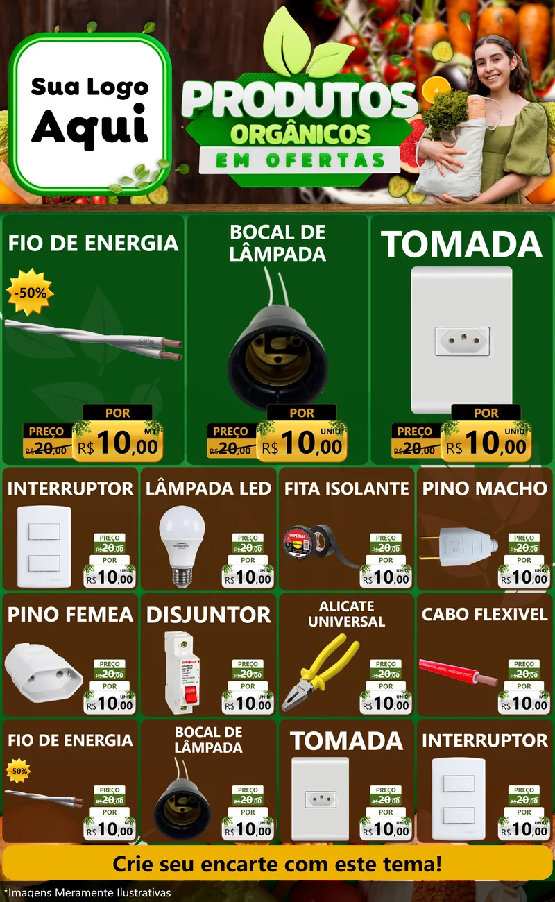 Modelo de Encarte para Encarte Grande com o tema Produtos Orgânicos em Ofertas para Materiais Elétricos