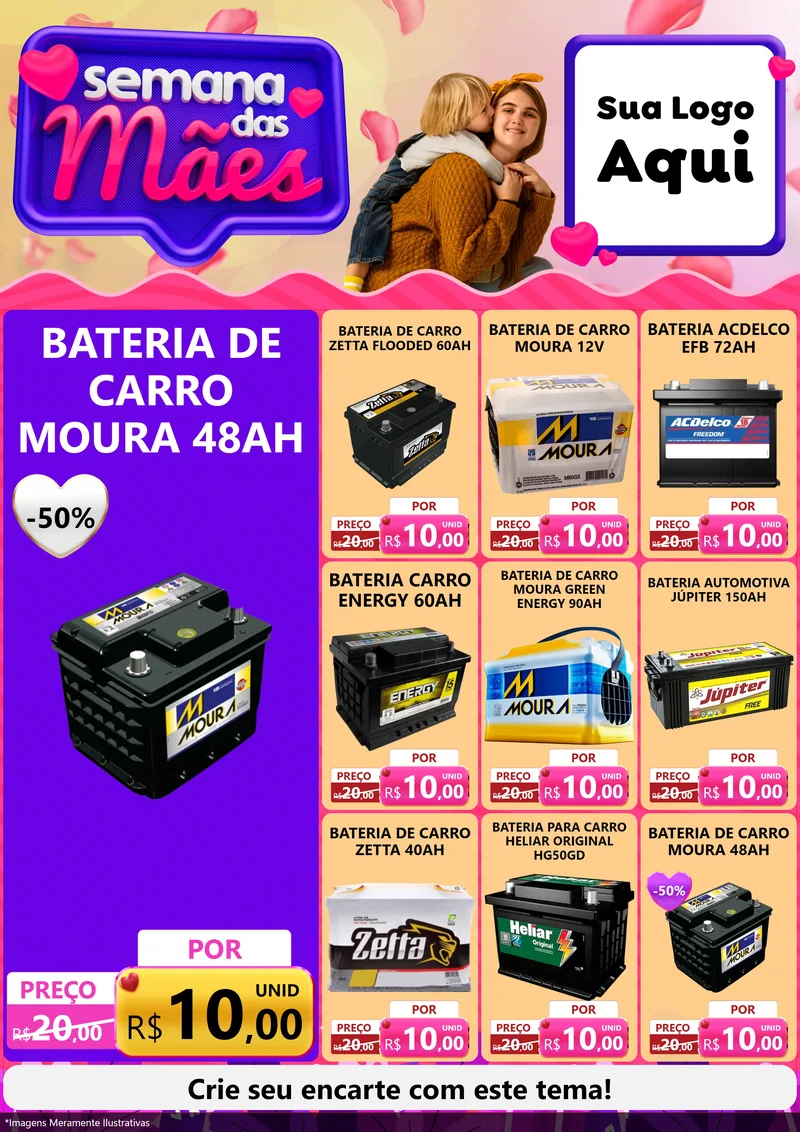 Modelo de Encarte para Encarte A4 Vertical com o tema Semana das Mães para Baterias Elétricas
