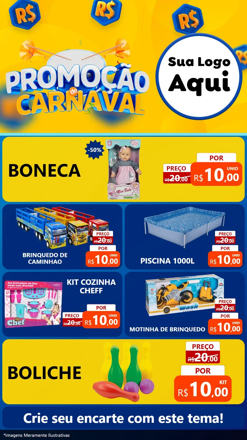 Modelo de TV para TV Vertical com o tema Promoção de Carnaval para Brinquedos