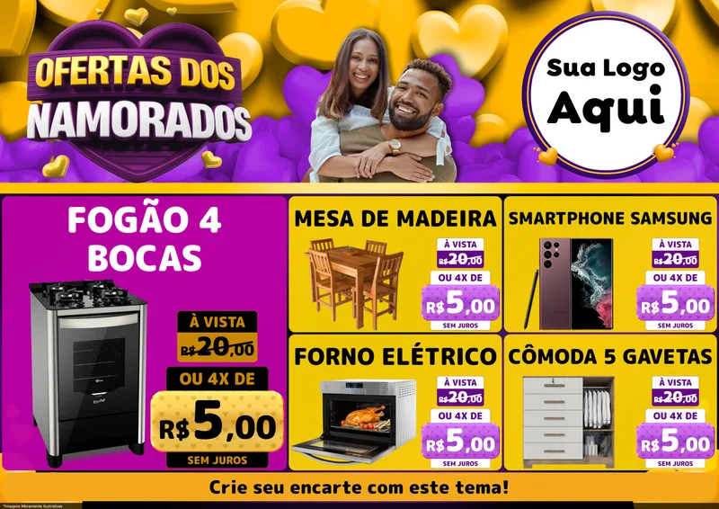 Modelo de Encarte para Encarte A4 Horizontal com o tema Oferta Dos Namorados para Móveis e Eletro