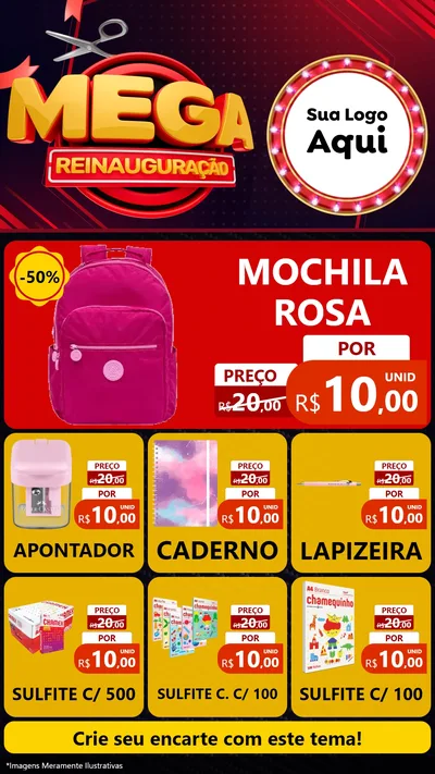 Modelo de Rede Social para Stories com o tema Mega Reinauguração para Papelaria