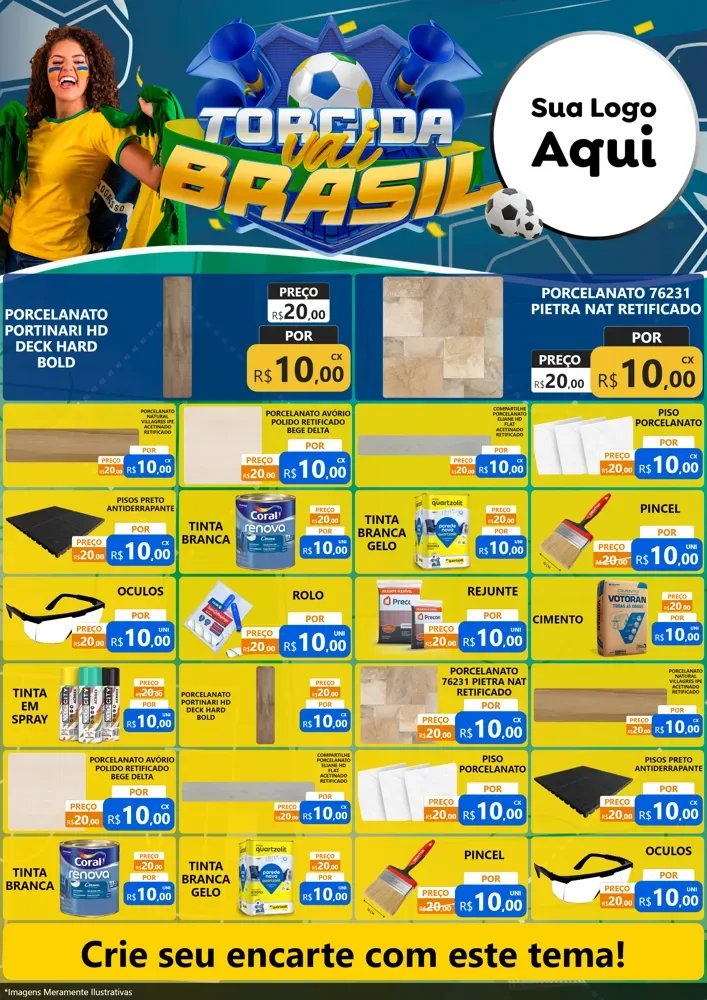 Modelo de Encarte para Encarte A4 Vertical com o tema Torcida Vai Brasil - Copa para Pisos e revestimentos