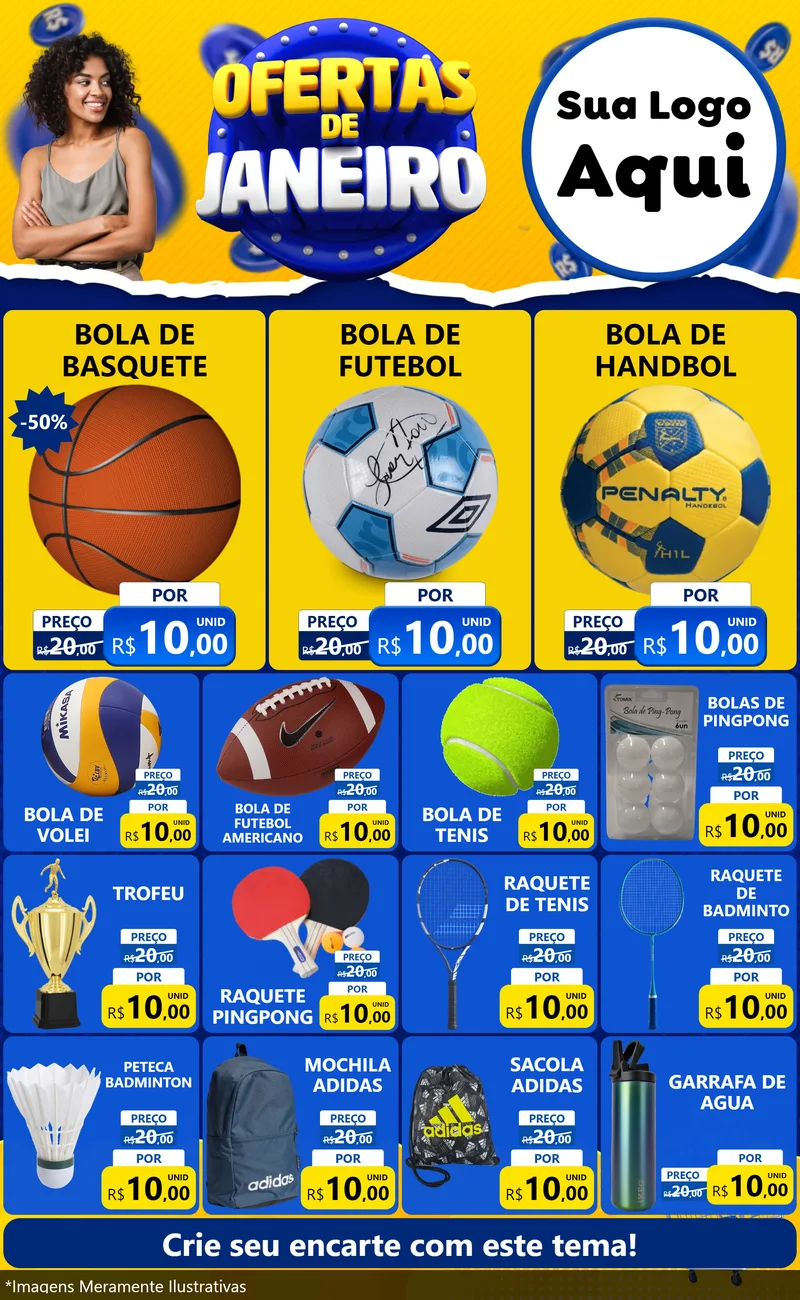 Modelo de Encarte para Encarte Grande com o tema Ofertas de Janeiro para Artigos Esportivos