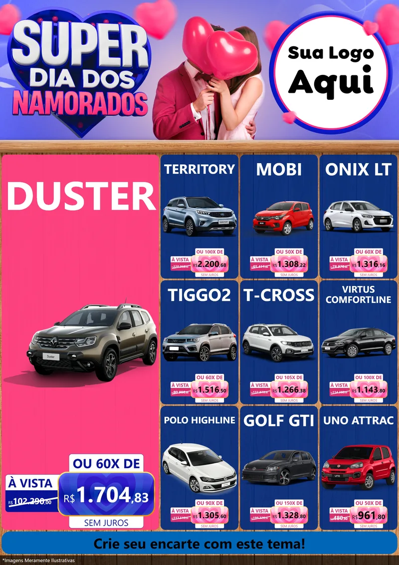 Modelo de Encarte para Encarte A4 Vertical com o tema Super Dia dos Namorados para Concessionaria de Carros