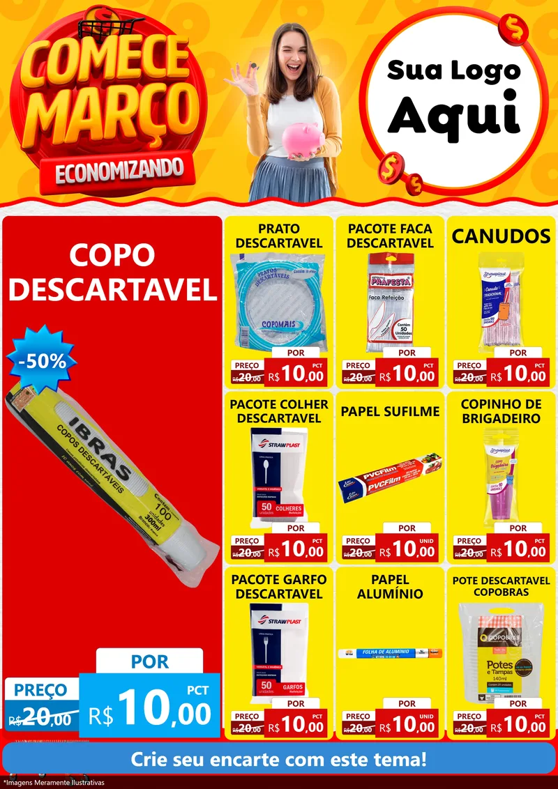 Modelo de Encarte para Encarte A4 Vertical com o tema Comece Março Economizando para Embalagens