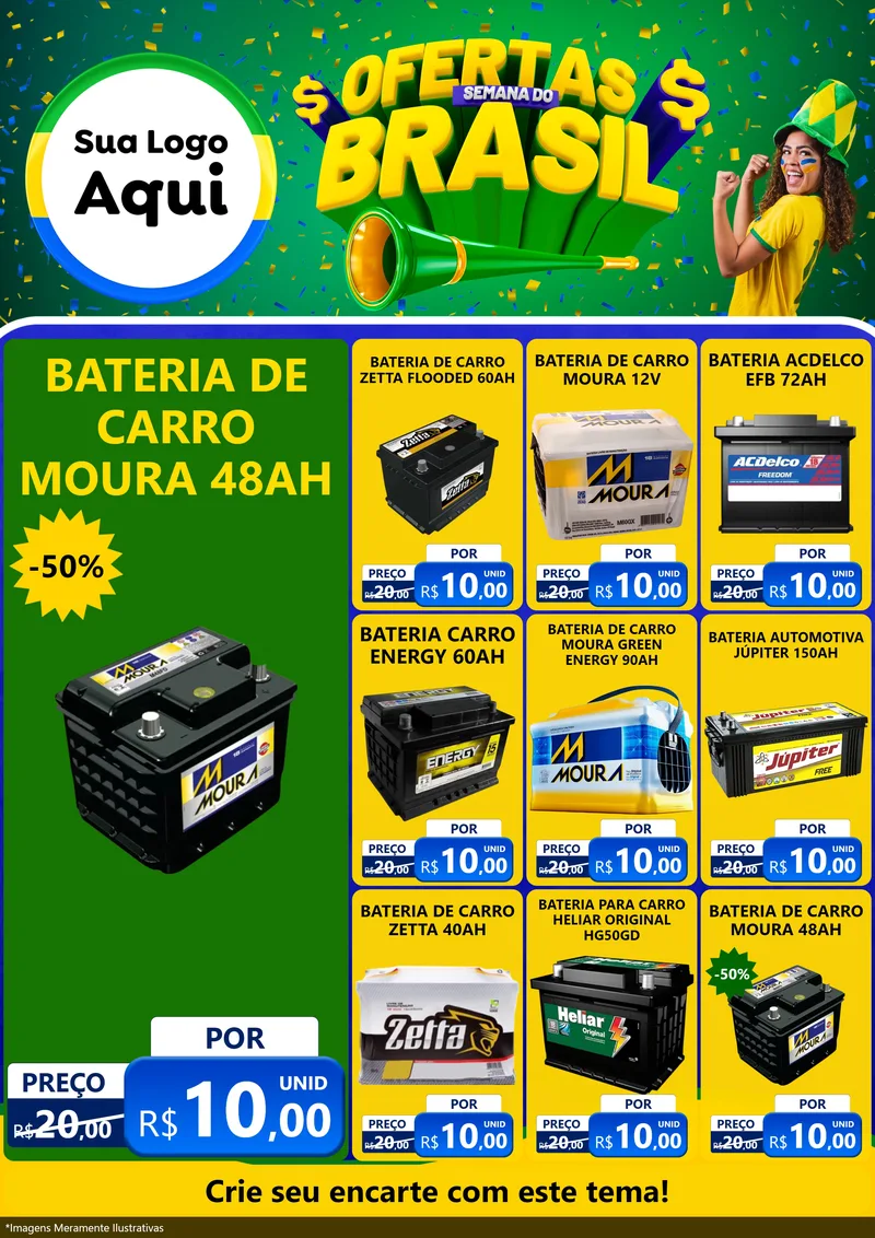 Modelo de Encarte para Encarte A4 Vertical com o tema Ofertas Semana do Brasil para Baterias Elétricas
