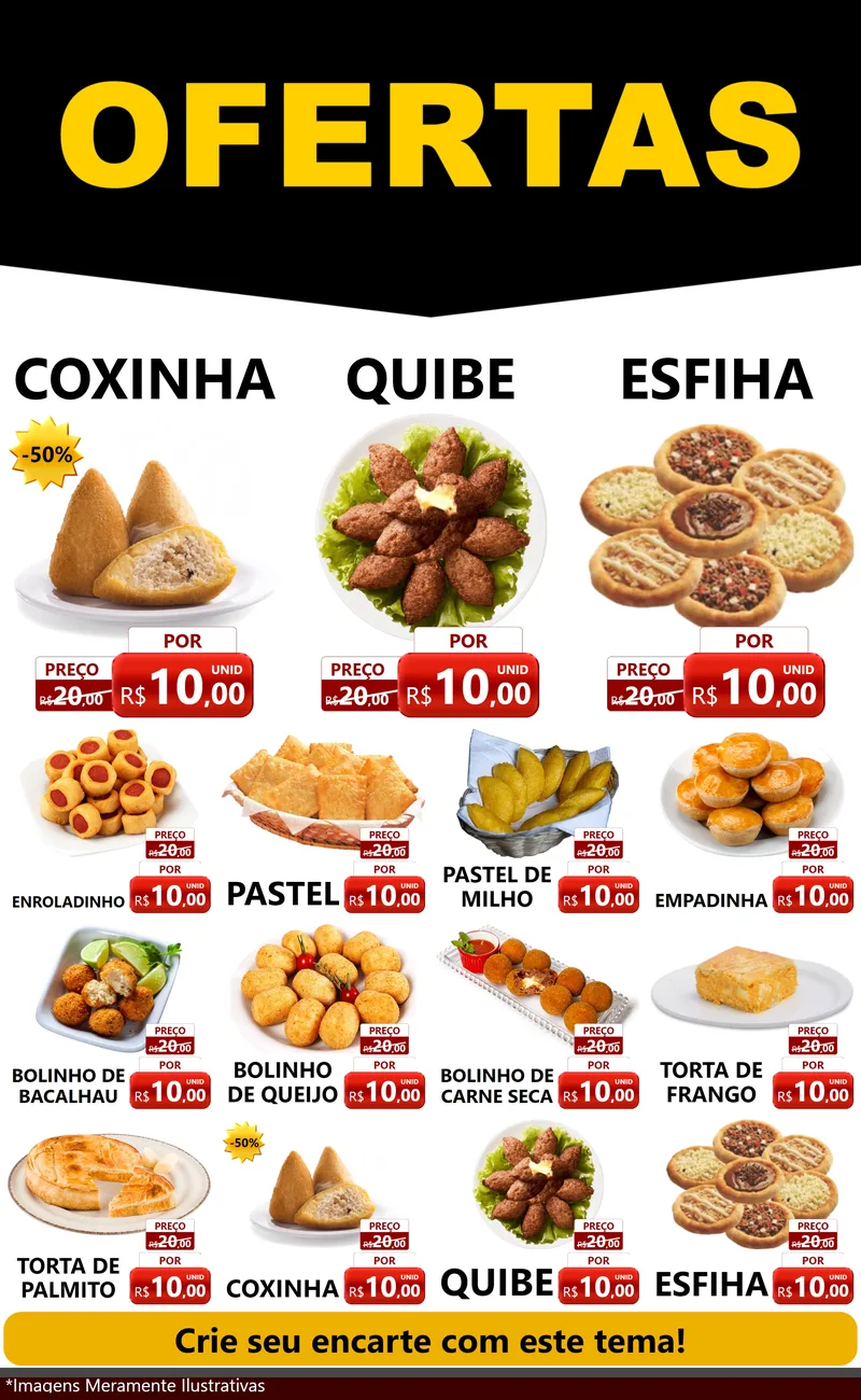 Modelo de Encarte para Encarte Grande com o tema Ofertas Preto e Vermelho Cartaz para Salgadaria