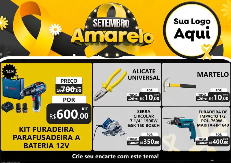 Modelo de Encarte para Encarte A4 Horizontal com o tema Setembro Amarelo para Maquinas e Ferramentas