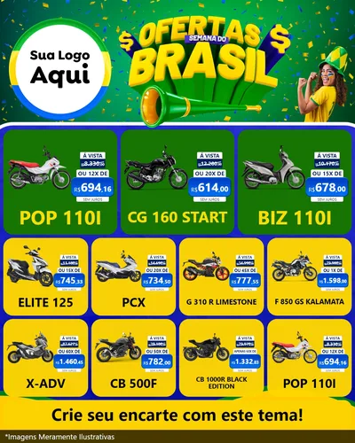 Modelo de Rede Social para Feed Instagram com o tema Ofertas Semana do Brasil para Concessionaria de Motos