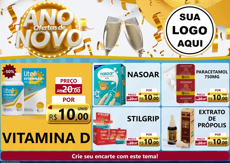 Modelo de Encarte para Encarte A4 Horizontal com o tema Ofertas de Ano Novo para Farmácia