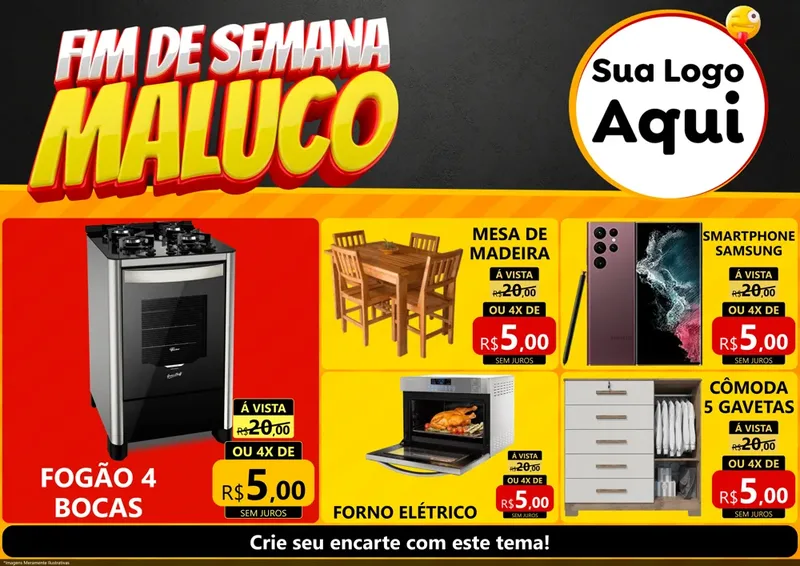 Modelo de Encarte para Encarte A4 Horizontal com o tema Final de Semana Maluco para Móveis e Eletro