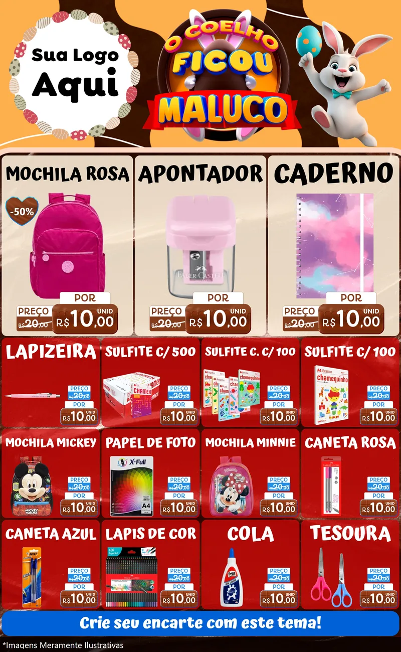 Modelo de Encarte para Encarte Grande com o tema O Coelho Ficou Maluco - Páscoa para Papelaria
