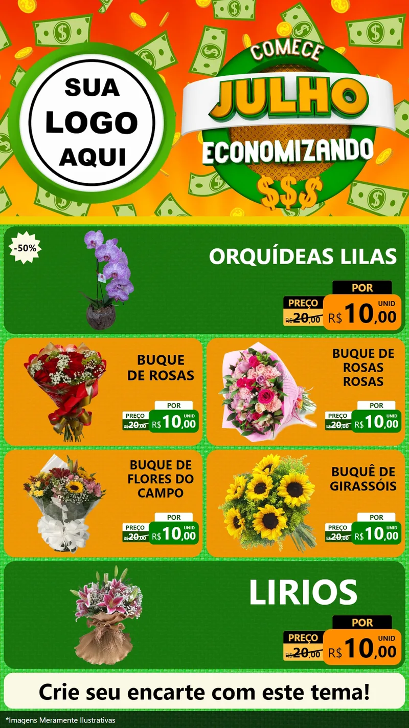Modelo de TV para TV Vertical com o tema Comece Julho Economizando para Floricultura e jardim