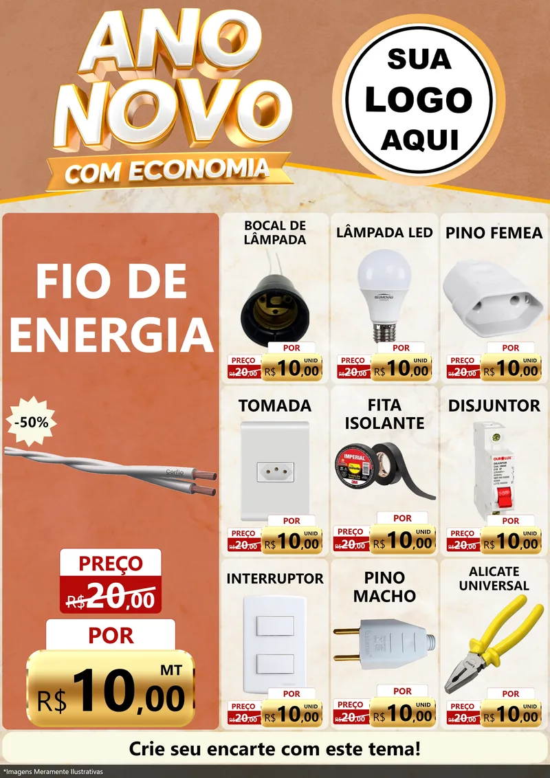 Modelo de Encarte para Encarte A4 Vertical com o tema Ano Novo Com Economia para Materiais Elétricos