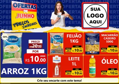 Modelo de Encarte para Encarte A4 Horizontal com o tema Ofertas de Junho - Preços Incríveis para Supermercado