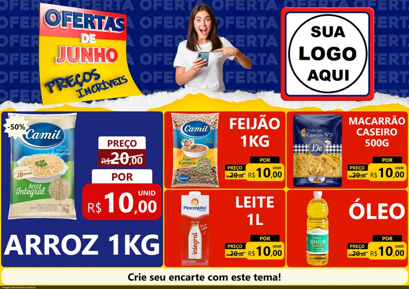 Modelo de Encarte para Encarte A4 Horizontal com o tema Ofertas de Junho - Preços Incríveis para Supermercado