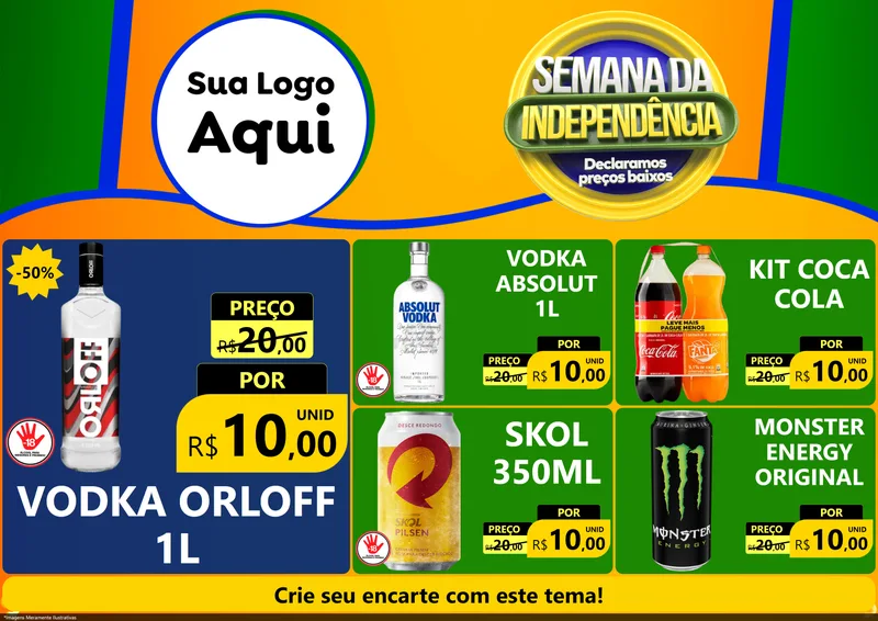 Modelo de Encarte para Encarte A4 Horizontal com o tema Semana da Independência Declaramos Preços Baixos para Distribuidora de bebidas