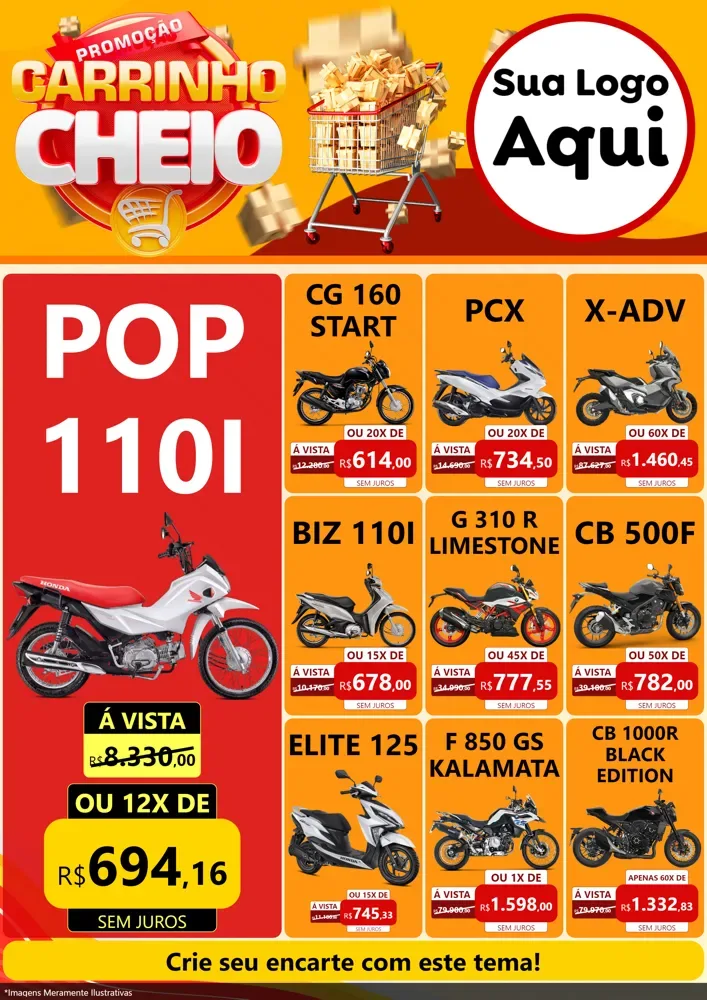 Modelo de Encarte para Encarte A4 Vertical com o tema Promoção carrinho cheio para Concessionaria de Motos