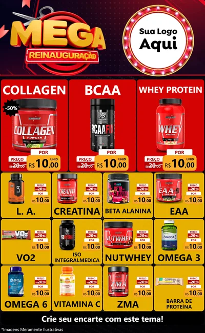 Modelo de Encarte para Encarte Grande com o tema Mega Reinauguração para Suplementos alimentares