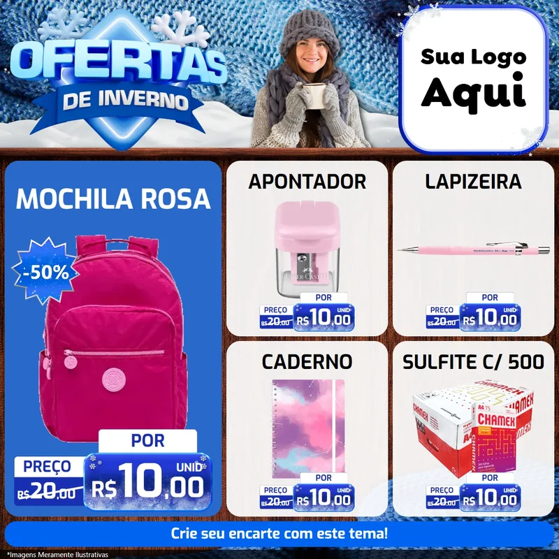 Modelo de Rede Social para Feed Facebook com o tema Ofertas de Inverno para Papelaria
